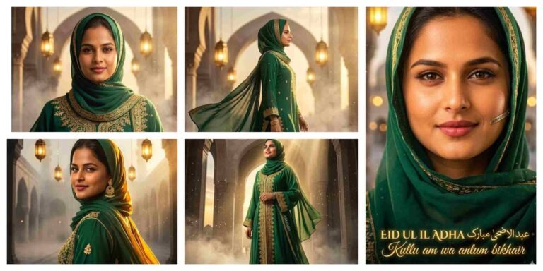 Cinematic Eid Ul Adha AI Prompt with Emerald Hijab