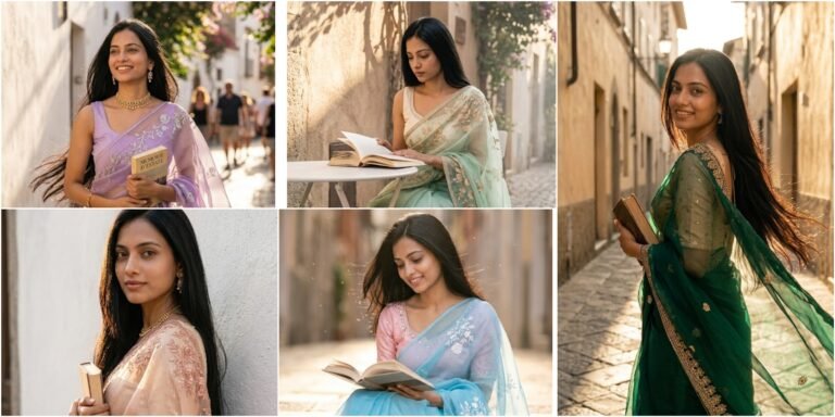 Cinematic Italian Street Saree Portrait AI Prompt | Ultra Realistic 8K Golden Hour Girl Photo