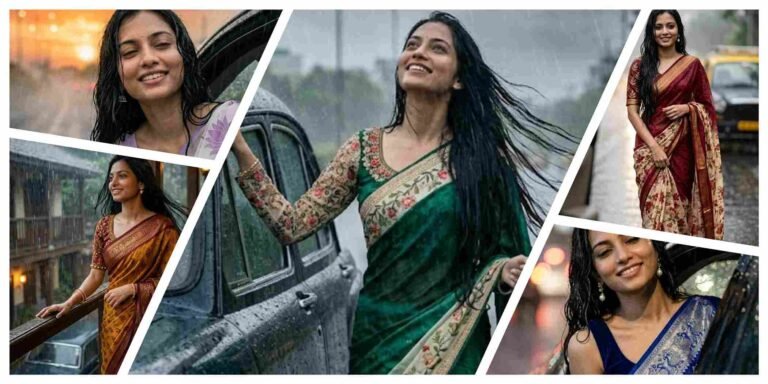 Cinematic Monsoon Saree Portrait AI Prompt | South Indian Girl Rain Scene in 8K