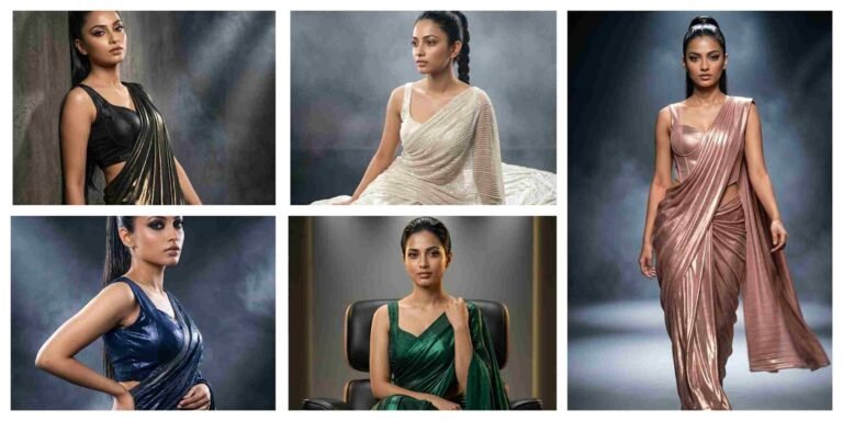 Modern Fashion Metallic Saree Photoshoot AI Prompt | AI Image Generator for Business Marketing