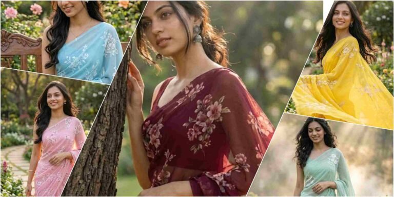 Outdoor Floral Saree Photoshoot AI Prompt | AI Image Generator for Business Marketing