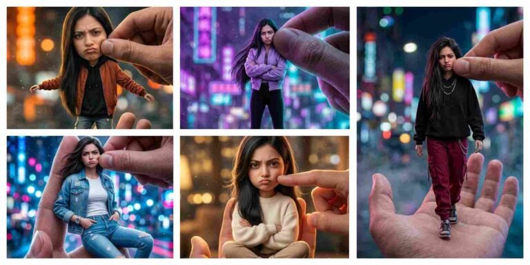 Tiny Character in Giant Hand AI Prompt | AI Image Generator for Business Marketing