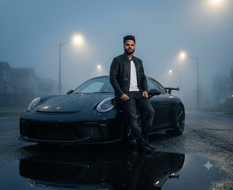 Black Luxury Sports Car Foggy Street Portrait | Gemini Prompt