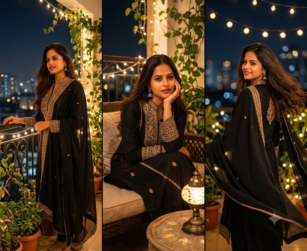 Black Traditional Outfit Night Balcony 3-Panel Portrait | Gemini Prompt