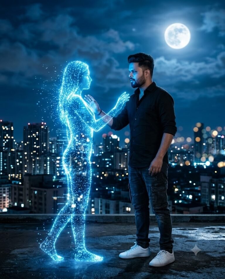 Blue Holographic Woman Rooftop Night Portrait | Gemini Prompt
