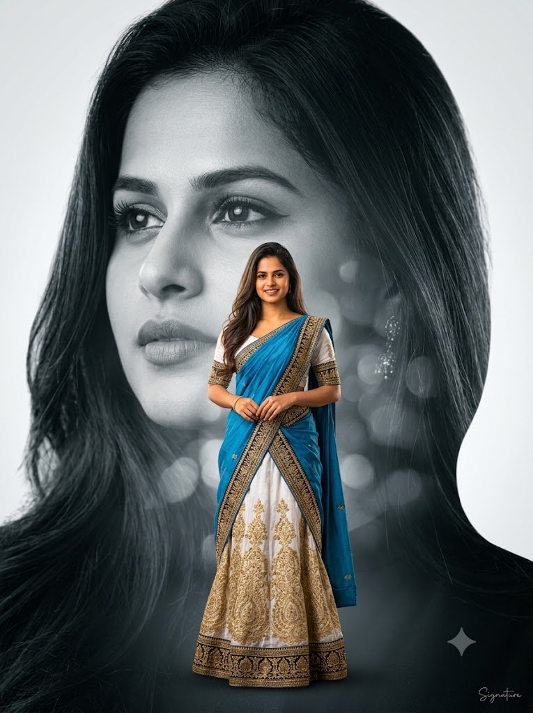 Cinematic Double-Exposure Traditional Half-Saree Portrait – Gemini Prompt