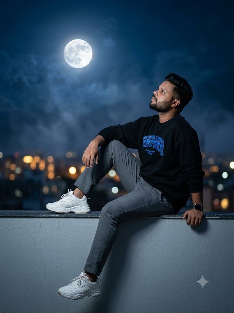 Cinematic Full Moon Rooftop Portrait – Gemini Prompt