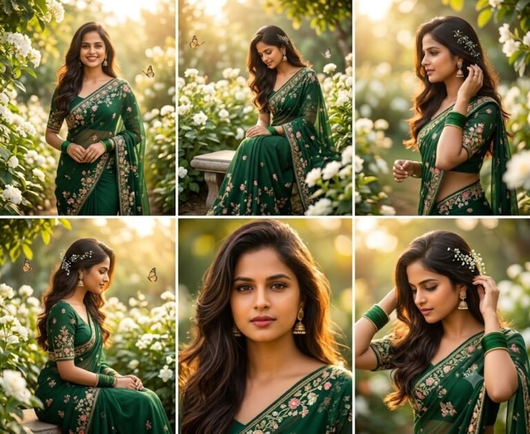 Dark Green Floral Saree Garden Photo Album | Gemini Prompt