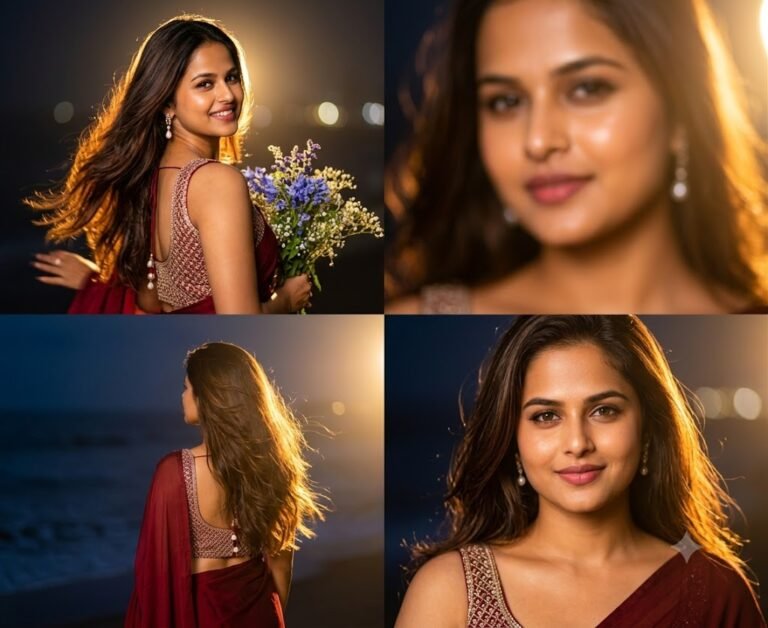 Dark Red Saree Golden Backlight 4-Pose Portrait | Gemini Prompt