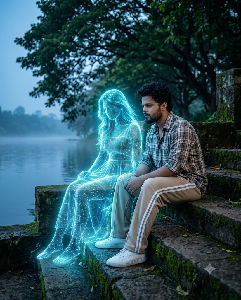 Ghost Girl Riverside Blue-Hour Fantasy Portrait | Gemini Prompt