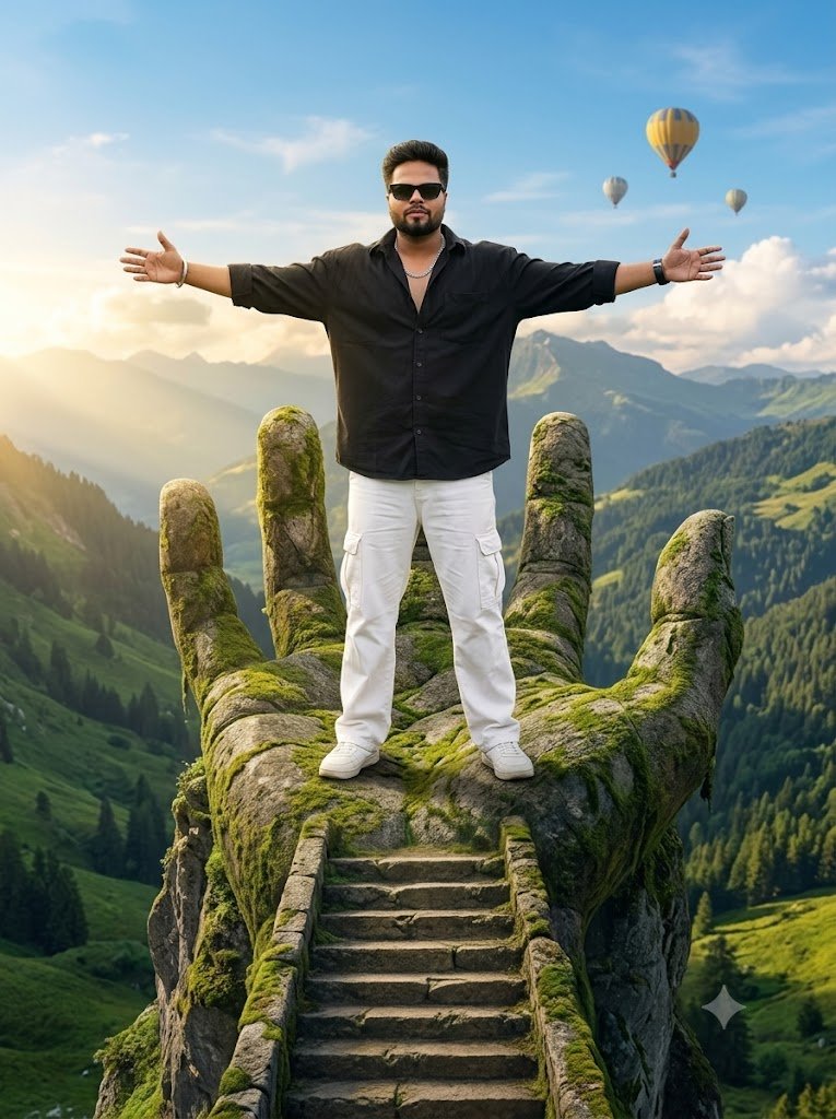 Giant Stone Hand Mountain Fantasy Portrait | Gemini Prompt
