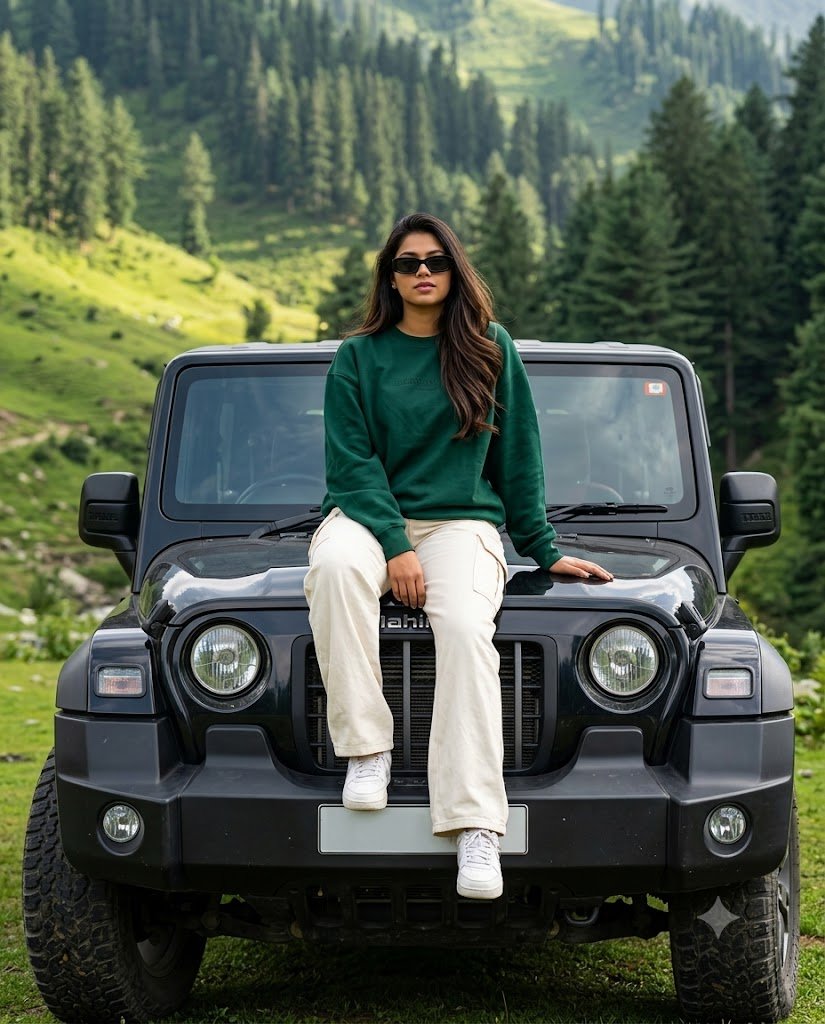 Mahindra Thar Mountain Valley Luxury Travel Portrait | Gemini Prompt
