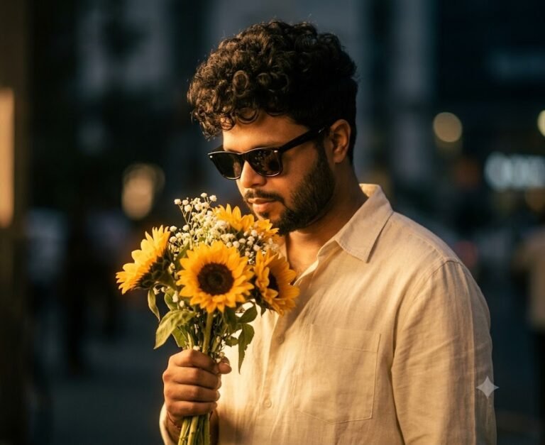 Moody Sunflower Golden-Hour Night Portrait | Gemini Prompt