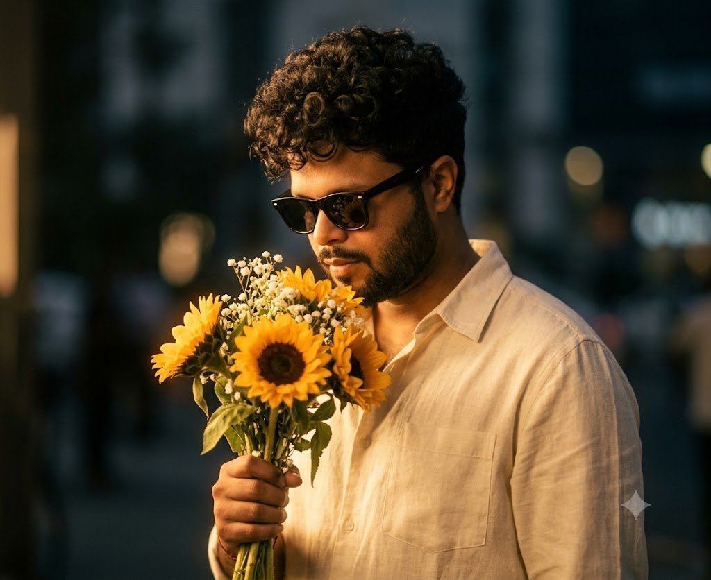 Moody Sunflower Golden-Hour Night Portrait | Gemini Prompt
