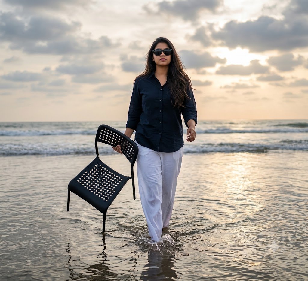 Ocean Sunset Walk with Black Chair | Gemini Prompt