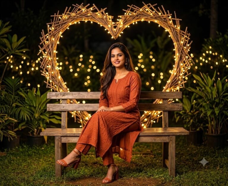 Ultra-Realistic Rust Orange Chikankari Night Garden Portrait – Gemini Prompt